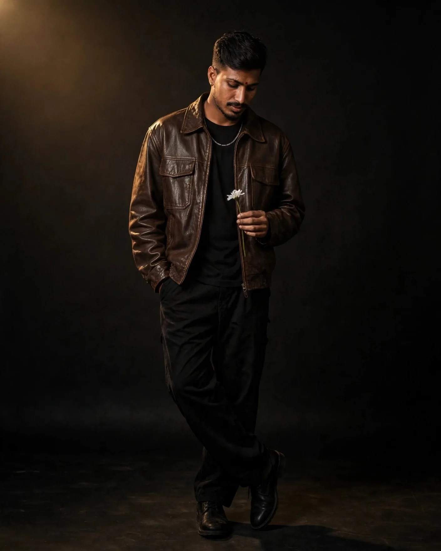 Here is your cinematic fashion portrait — full-body, moody low-key lighting, brown vintage leather jacket, white flower