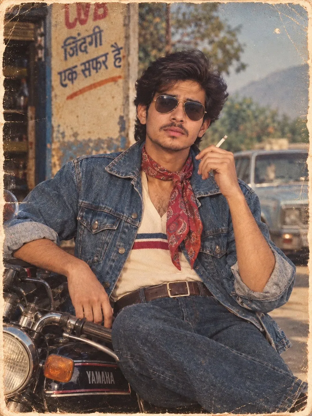Vintage 1980s Retro Indian Male Biker Portrait Leaning on Classic Yamaha Motorcycle Prompt
