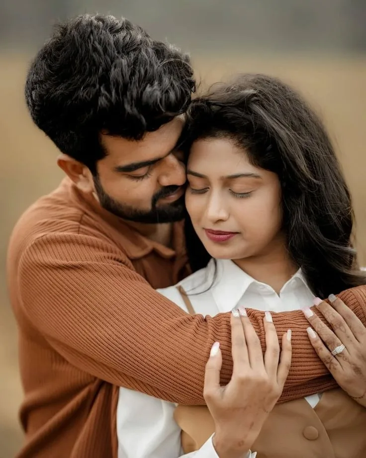 Romantic Autumn Meadow Pre-Wedding Portrait of Young Indian Couple