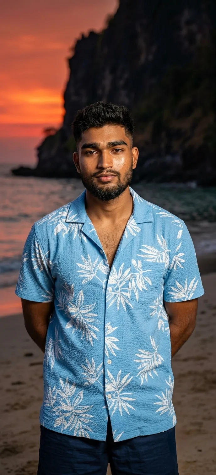 Cinematic Sunset Beach Male Portrait in Sky Blue Linen Resort Shirt Prompt