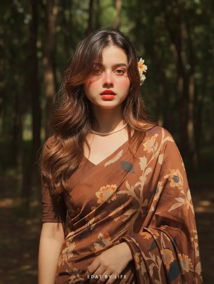 Cinematic Forest Portrait – Brown Floral Saree