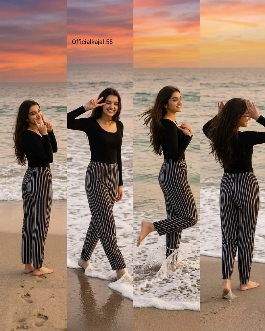 Minimalist monochrome beach photo collage of the same young woman