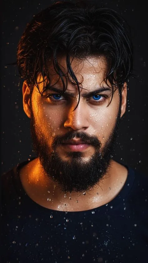 Hyper-Detailed Piercing Blue-Eyed Wet Rain Portrait