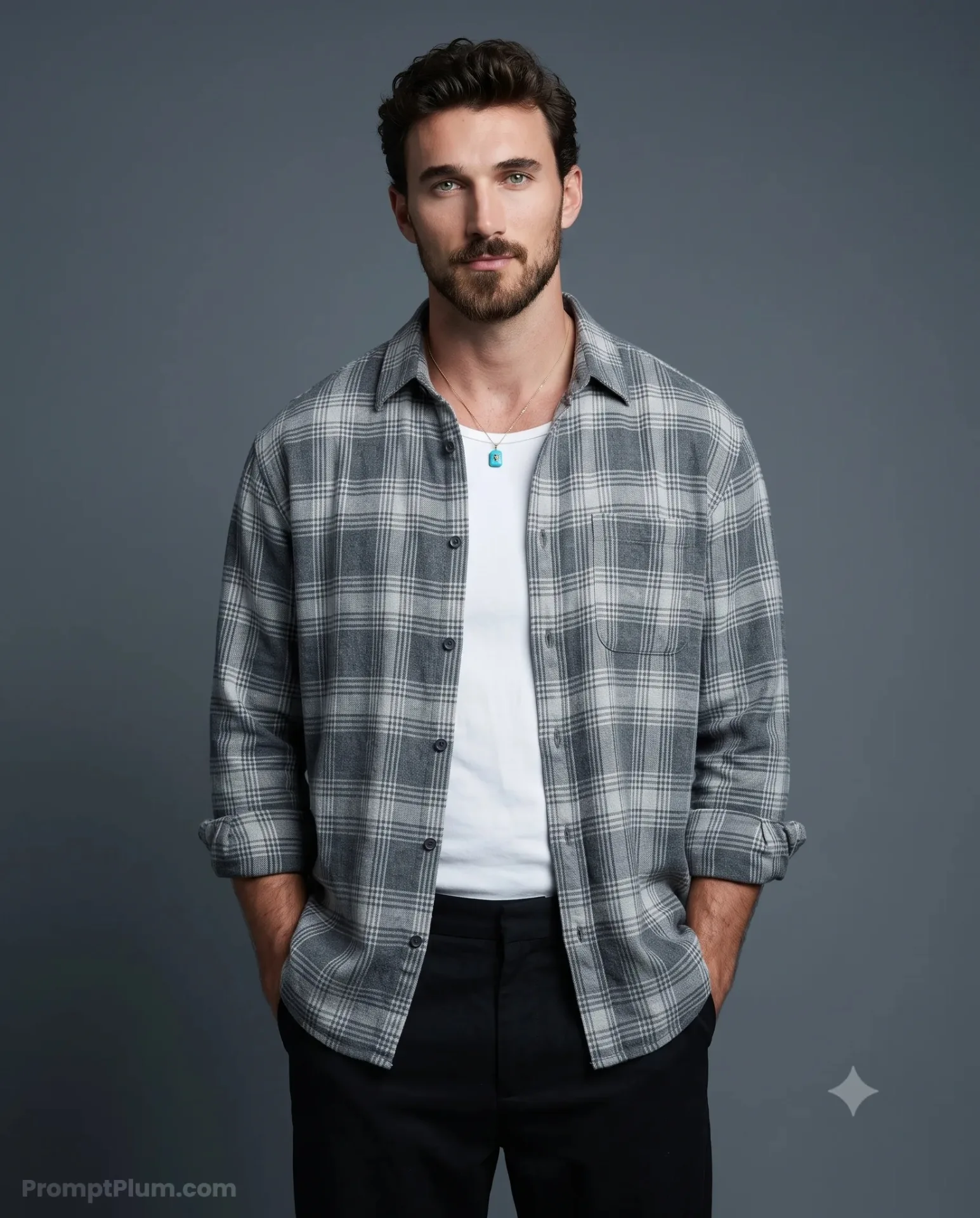 Man in Grey Plaid Shirt.