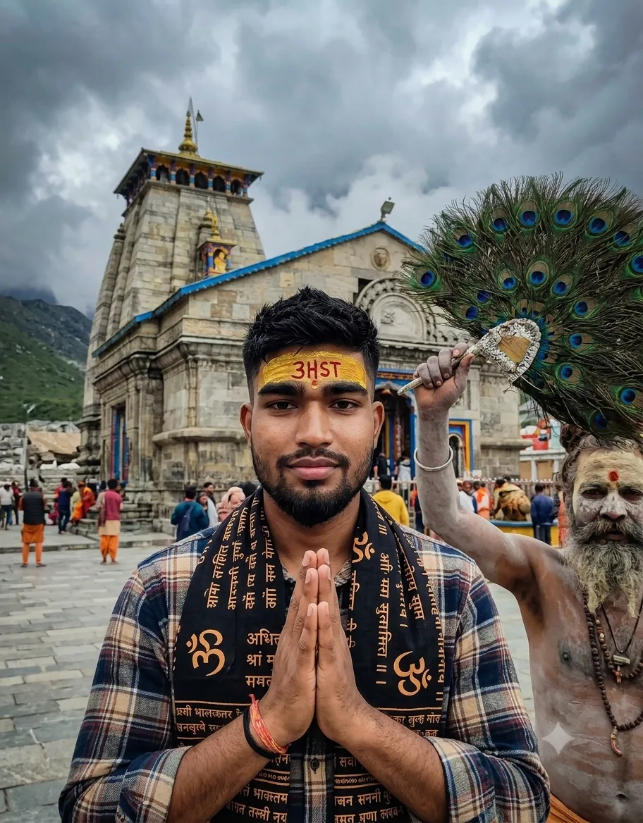 Devotional Male Portrait at Kedarnath Temple Receiving Sadhu Blessing Prompt
