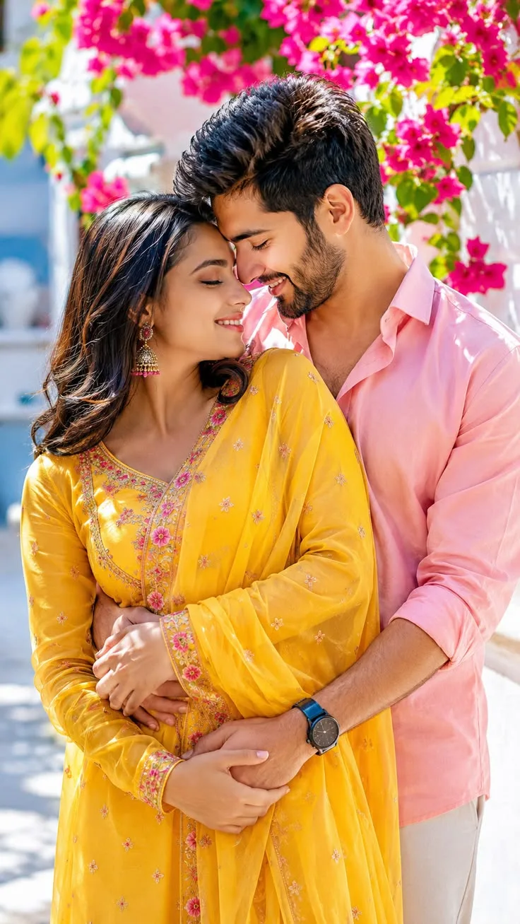 Romantic Outdoor Portrait of Couple in Yellow Anarkali and Pink Shirt
