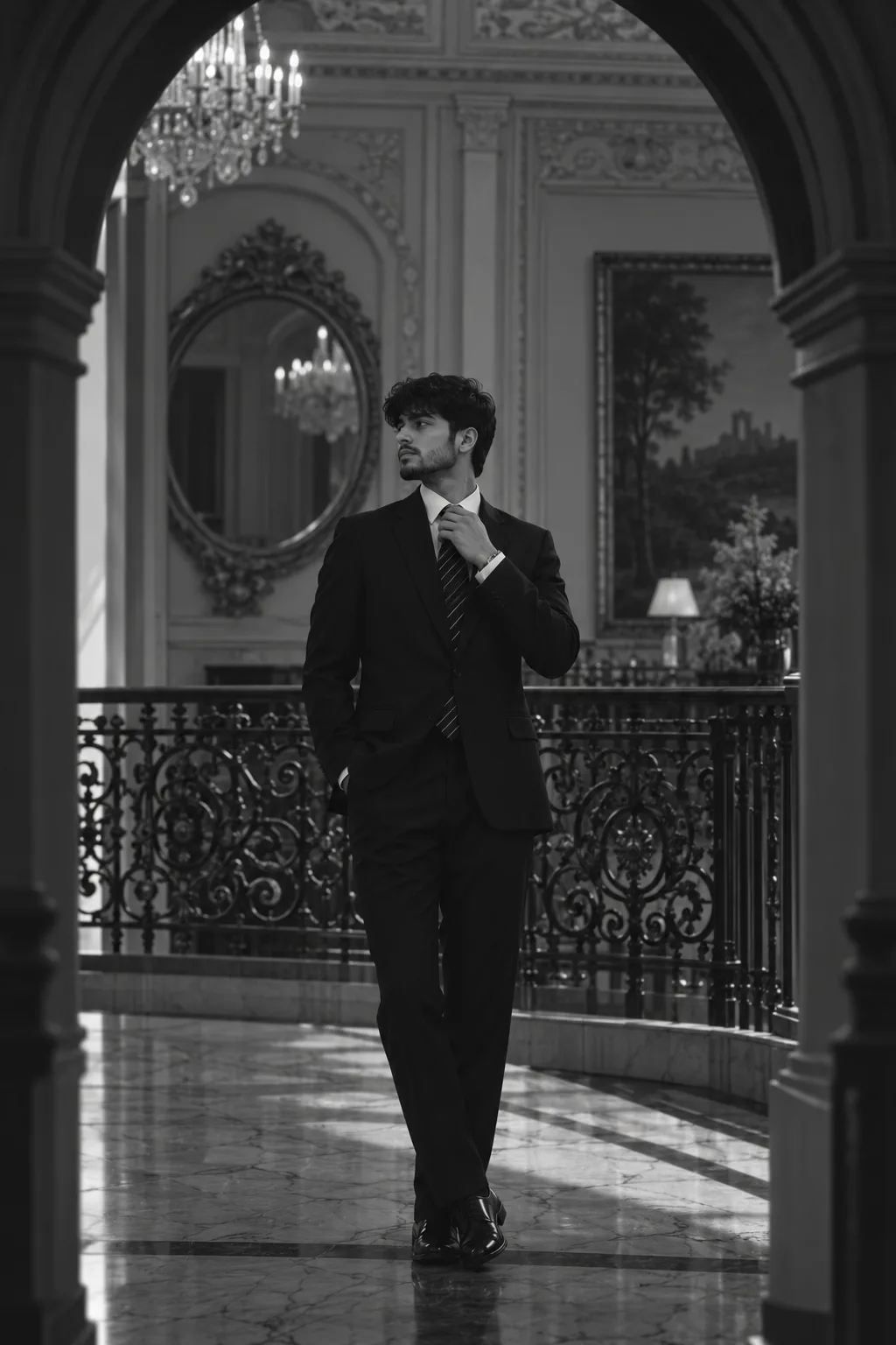 Ultra realistic cinematic black and white portrait of a young man