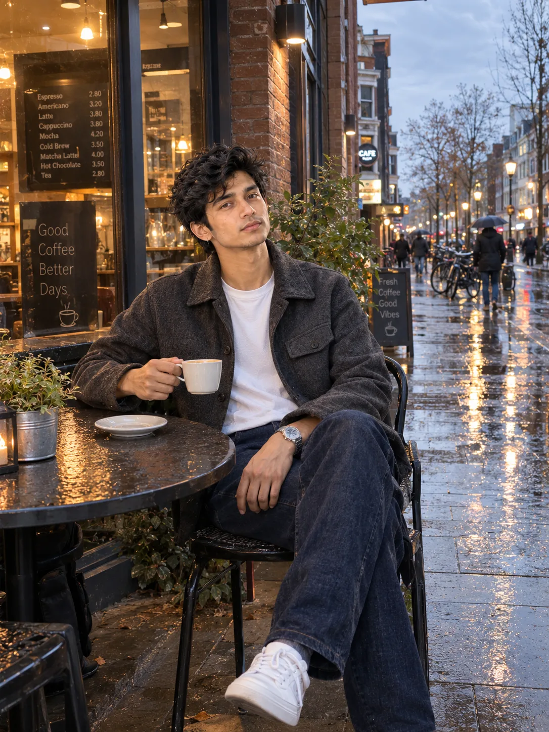 Boy Portrait at a Rainy City Café