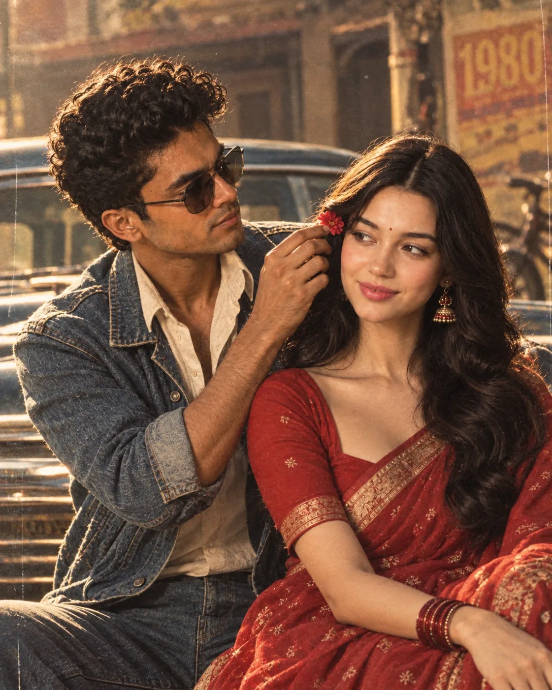 Create an ultra realistic cinematic 1980s indian romantic