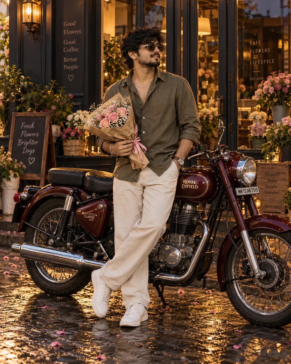 Ultra realistic cinematic portrait of a young man in front of royal Enfield