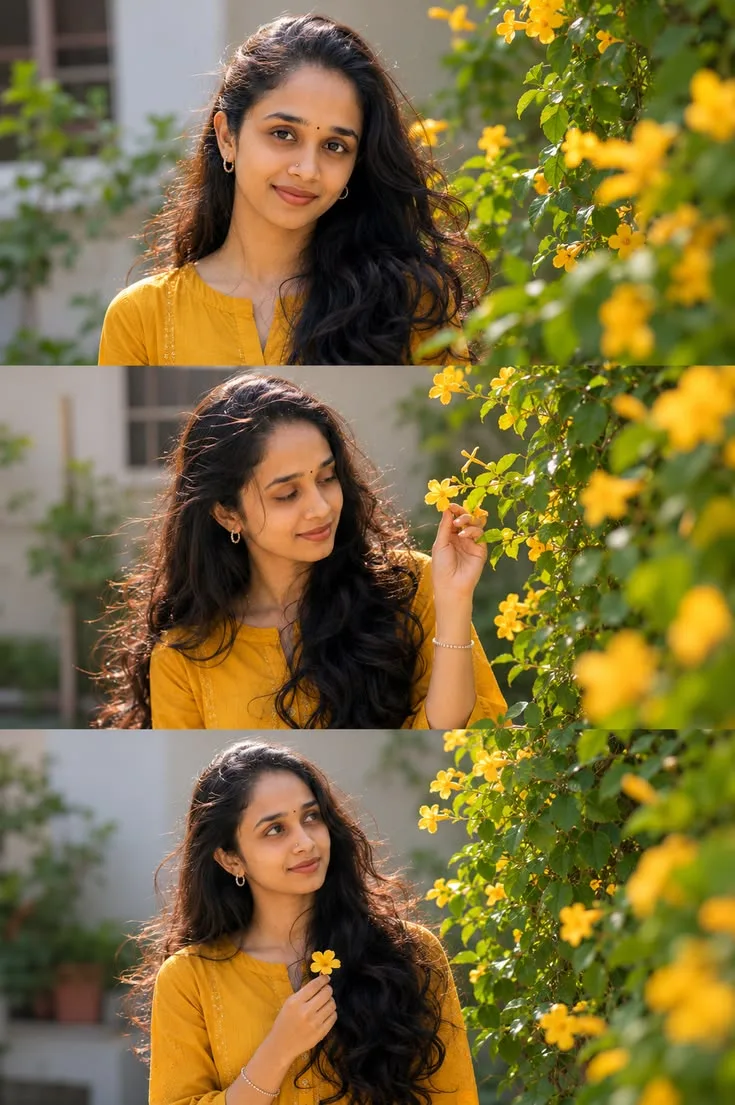 Golden Hour Female Garden Portrait with Yellow Tecoma Flowers Collage Prompt