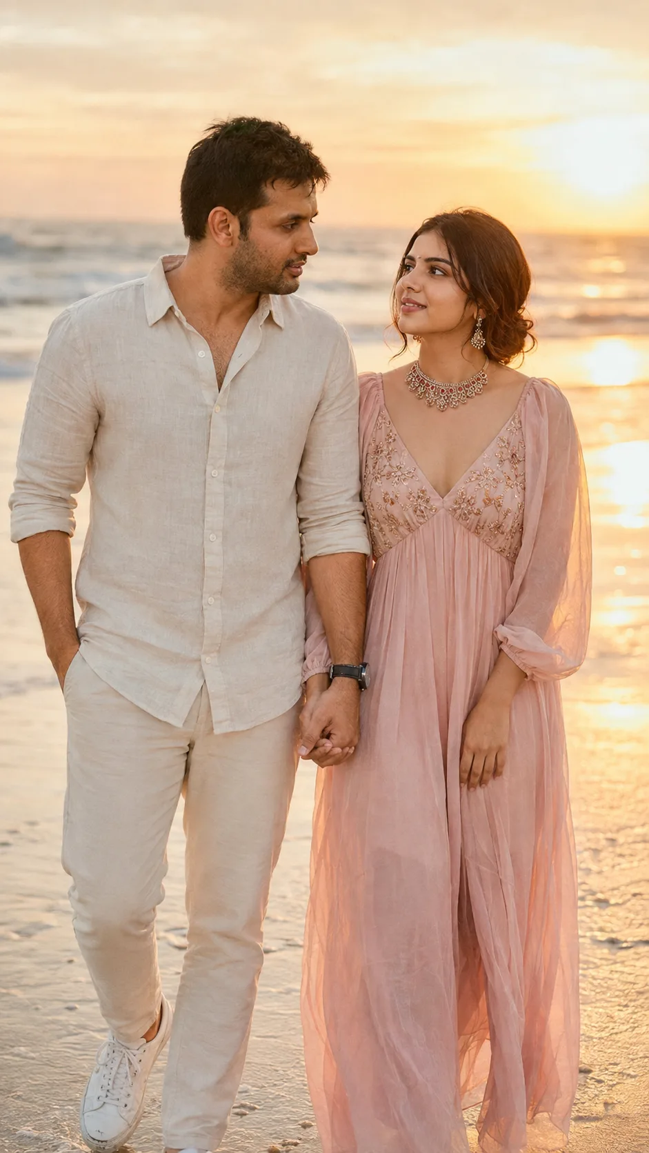 Golden-Hour Beach Walk Couple Portrait