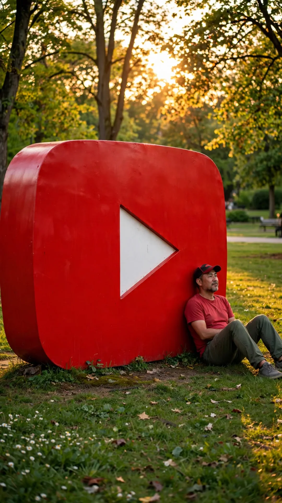 Giant YouTube Play Button - Creator Sitting in Park