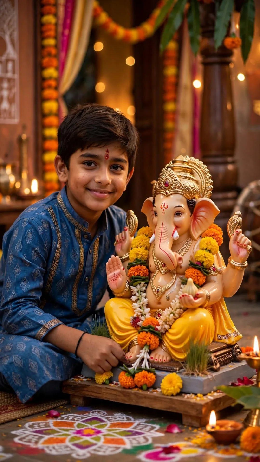 Cute Boy with Ganesh Idol - Ganesh Chaturthi Festive Prayer 9:16