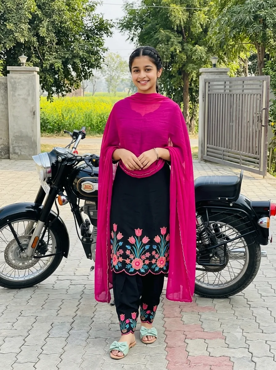 Punjabi Suit Female Portrait Beside Classic Royal Enfield Bullet Motorcycle Prompt