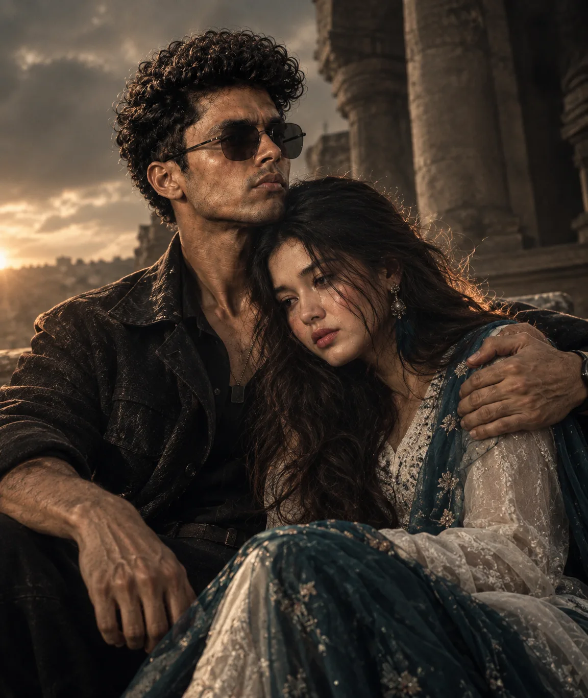 Create an ultra realistic cinematic emotional portrait of a young south asian couple