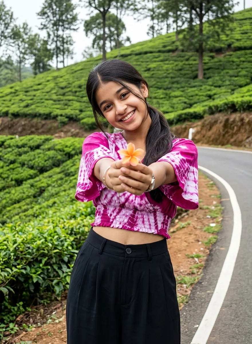 Tea Plantation Roadside Female Portrait Holding Flower with Playful Smile Prompt