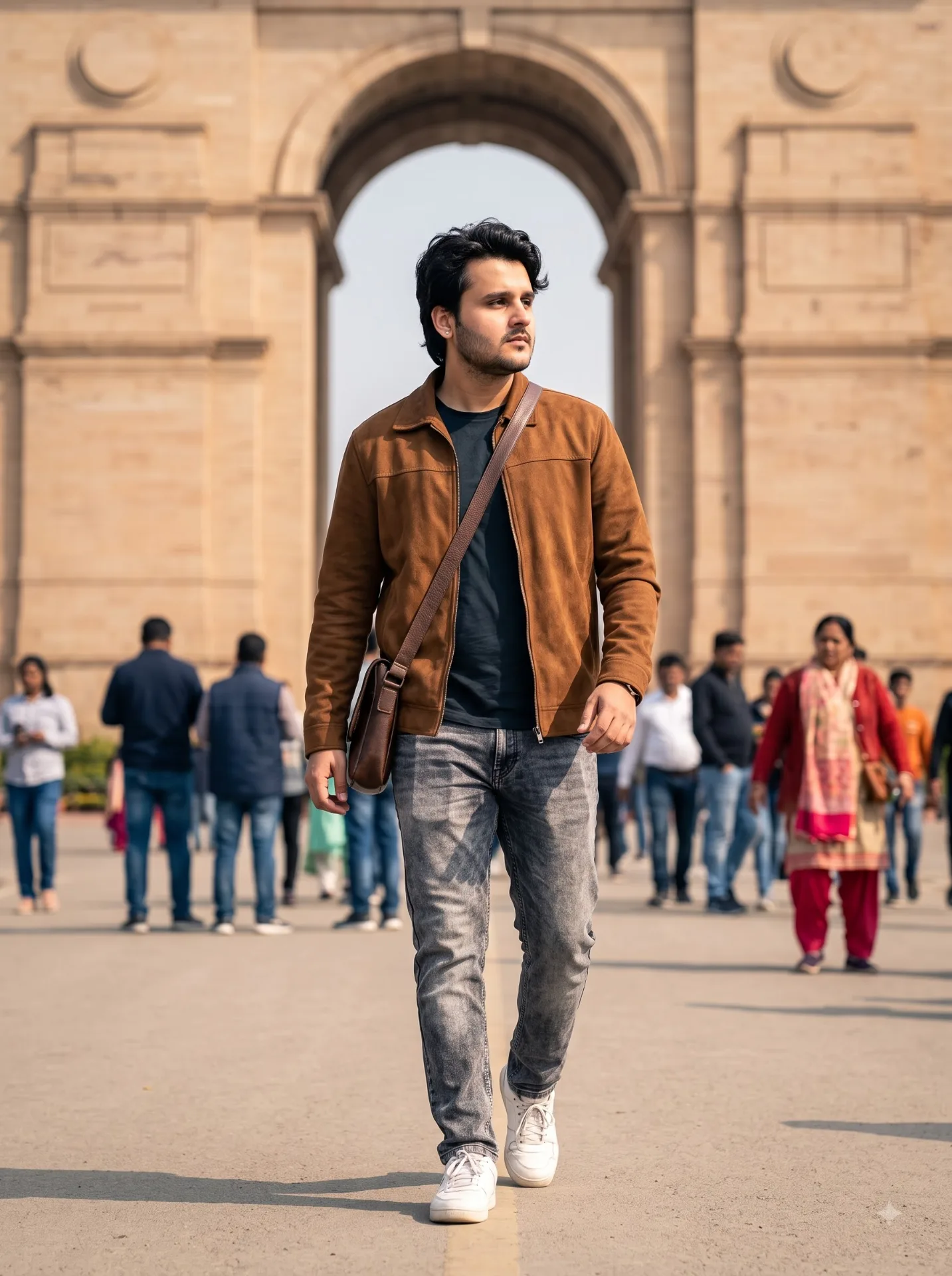 Man walkig ub front of India Gate