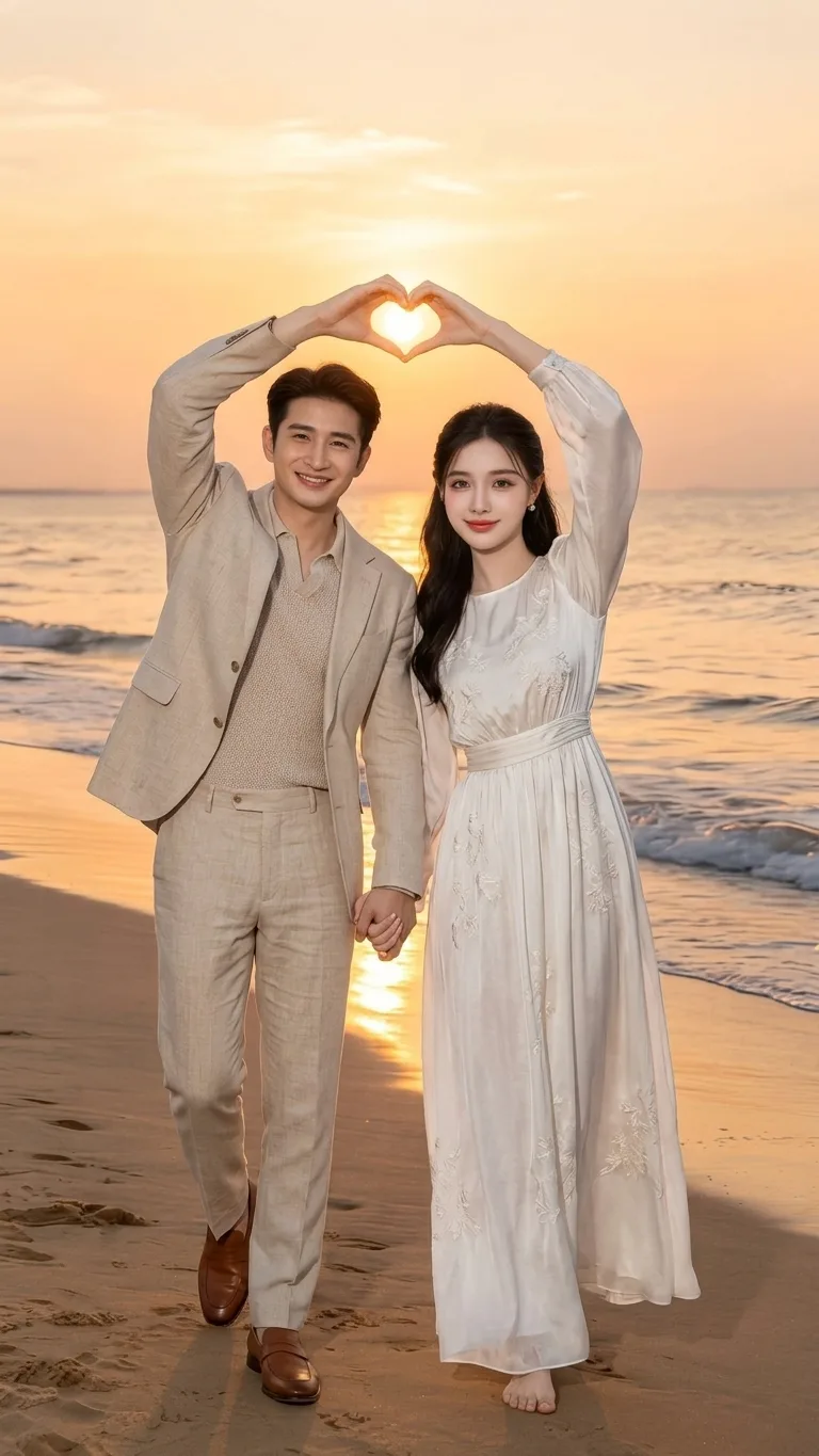 Elegant Beach Sunset Heart Couple