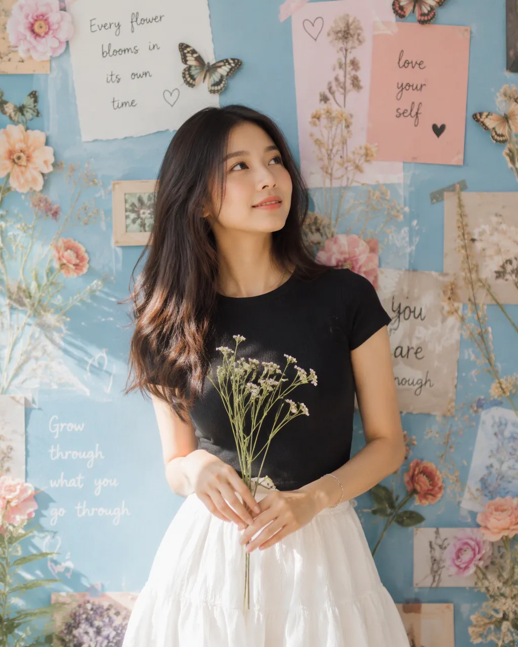 Dreamy Aesthetic Female Portrait Holding Wildflower Bouquet Against Floral Wall Prompt