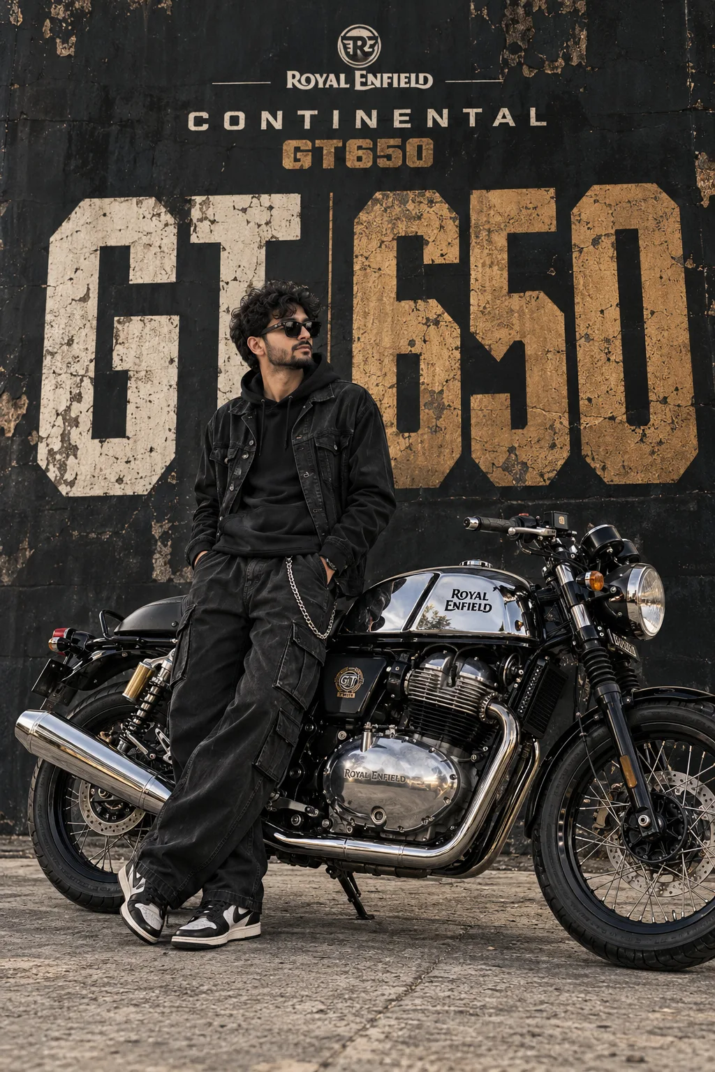 Ultra realistic cinematic portrait of a young man with royal Enfield bike
