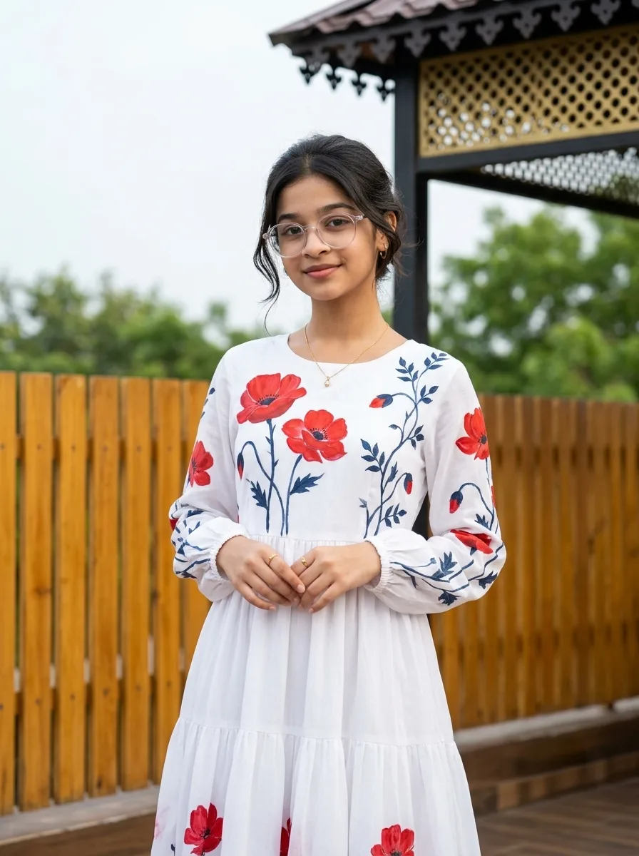 Elegant Female Portrait in White Poppy Embroidered Maxi Dress with Clear Glasses Prompt