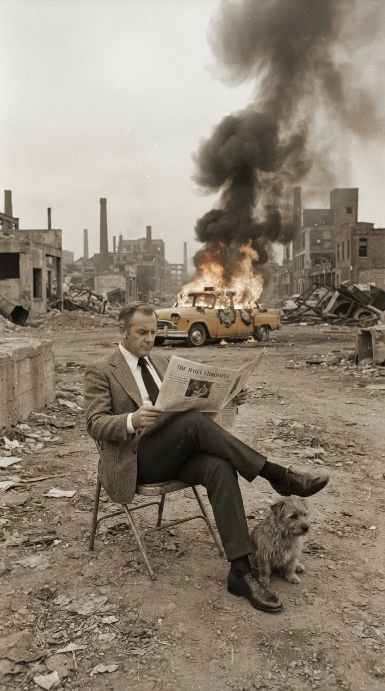 Calm Man Reading Amid Chaos – Surreal Vintage Wasteland Portrait