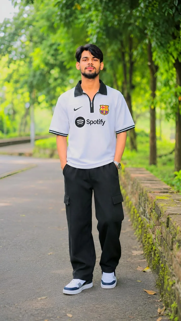 Candid Full-Body Park Pathway Portrait of Young Indian Man in Sportswear