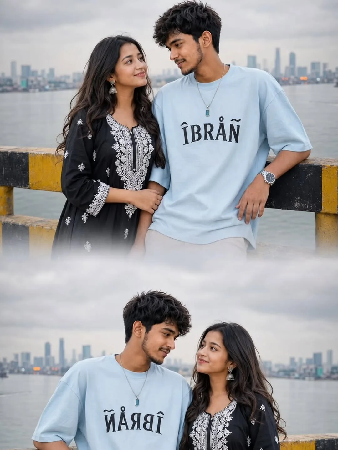 Romantic Split-Panel Outdoor Portrait of Young Couple on Coastal Bridge