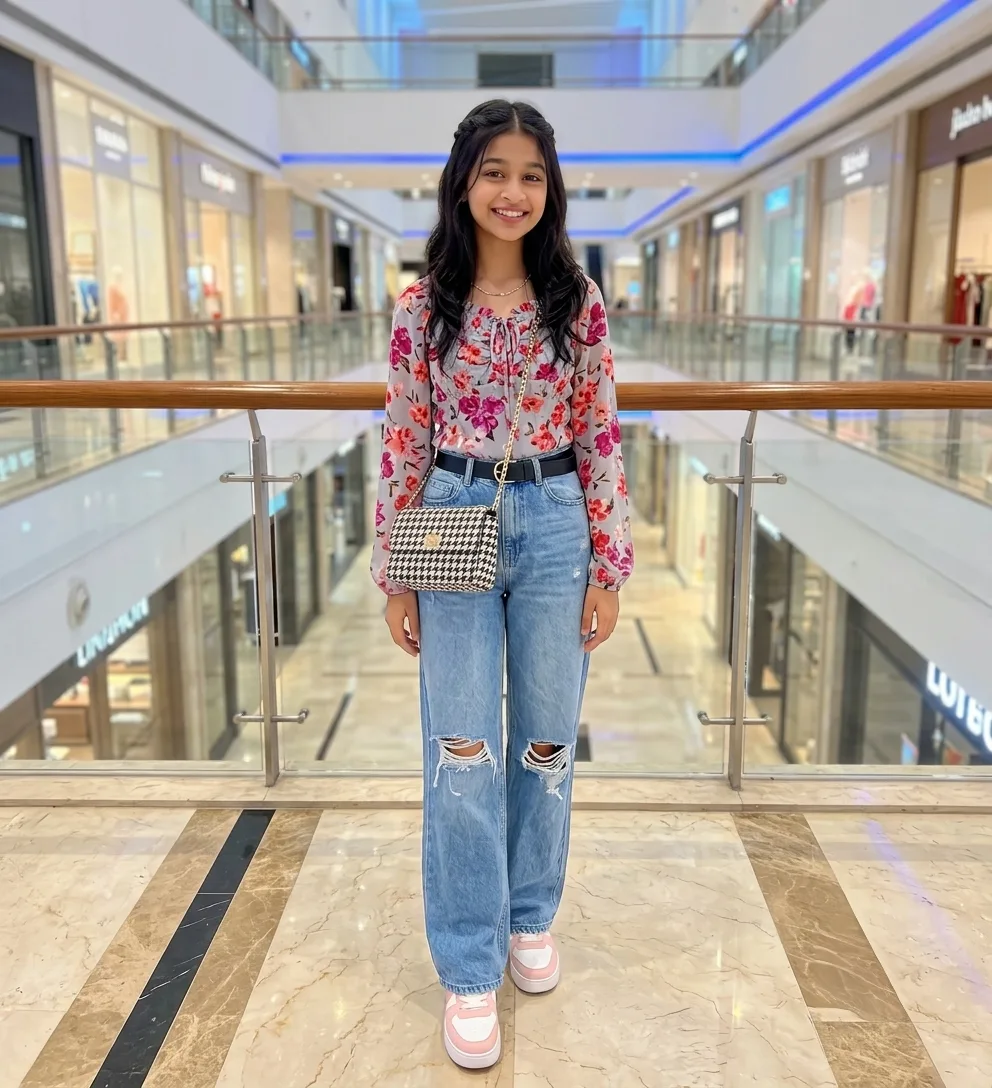 Shopping Mall Atrium Female Portrait in Ruched Floral Top & Ripped Jeans Prompt