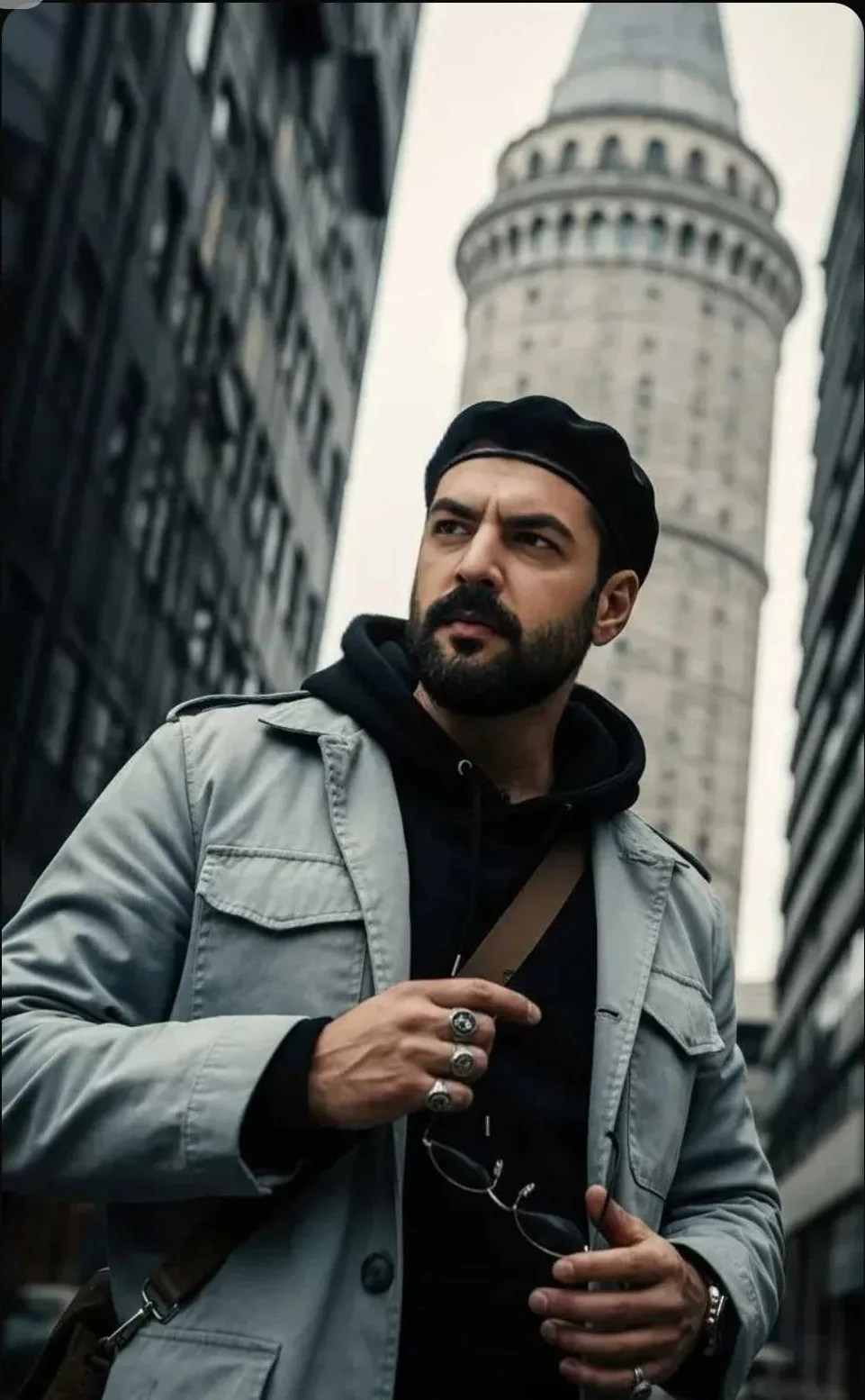 Urban Beret Look - Bearded Man with Tower Background