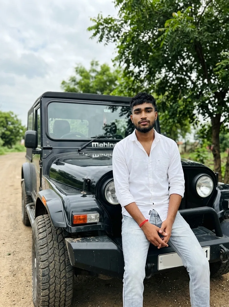 Black Vintage Mahindra Thar Bumper Seated Male Portrait in Crisp White Shirt Prompt