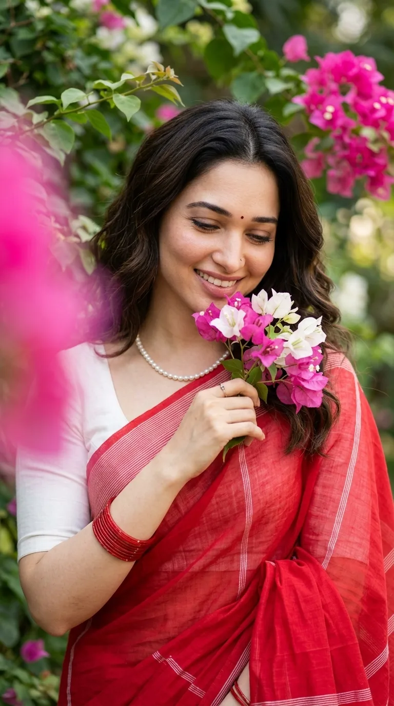 🌸❤️ Red Saree Flower Portrait — Warm Instagram Aesthetic AI Photo Prompt 📸✨