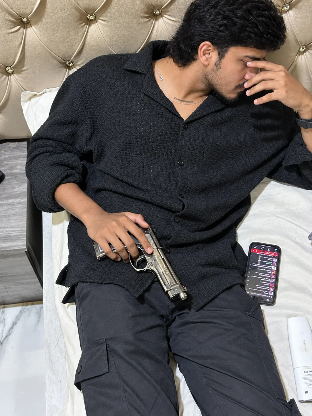 Moody Black Outfit Portrait – Relaxed Bedroom Pose