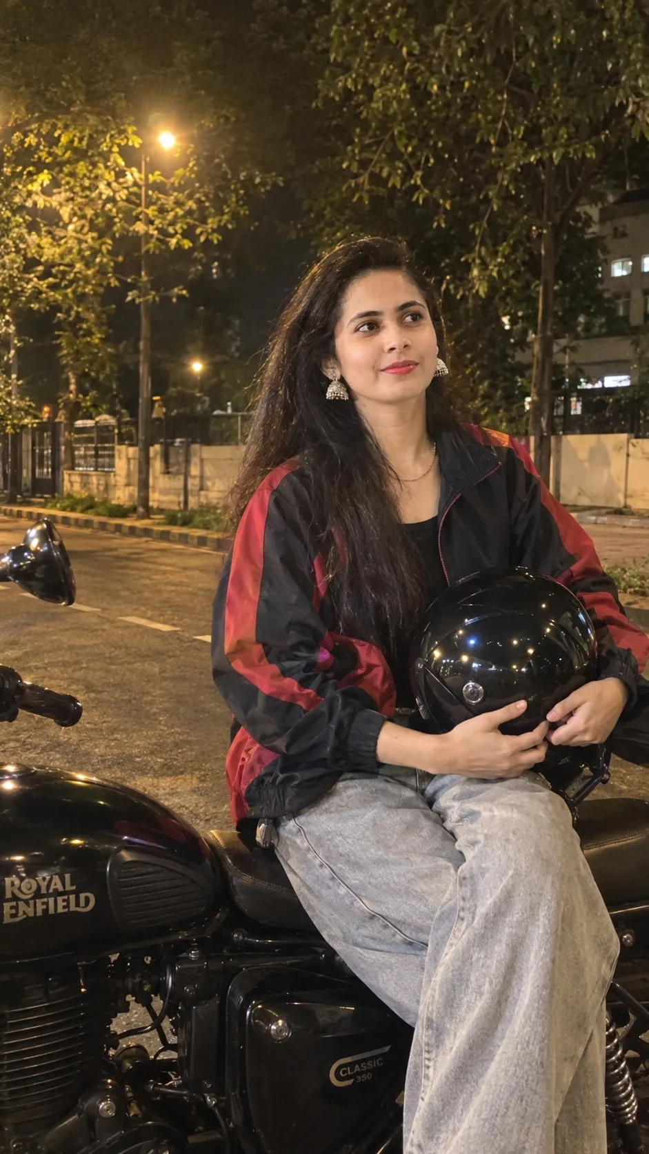 Realistic outdoor night time handheld smartphone photo of the woman/ bike lover girls