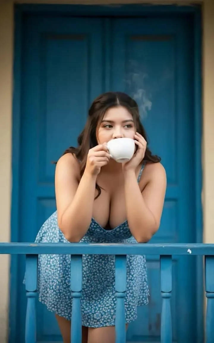Blue Morning Coffee – Cozy Balcony Portrait