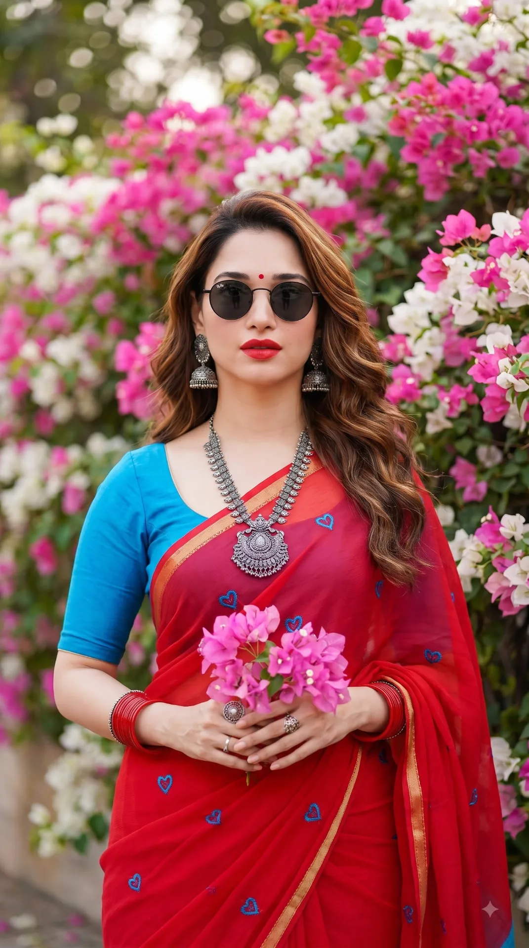 ❤️🌸 Red Sari & Pink Flowers — Aesthetic Portrait Prompt 📸