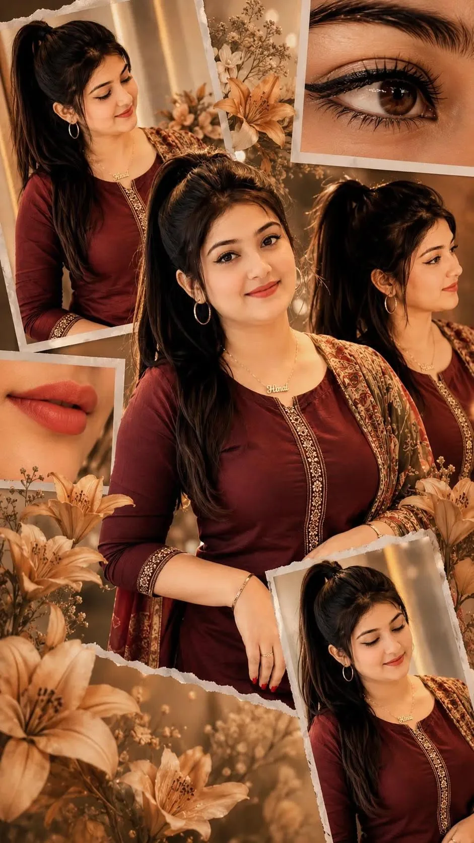 Cinematic scrapbook collage of a beautiful South Asian woman in a maroon traditional outfit with floral accents and warm