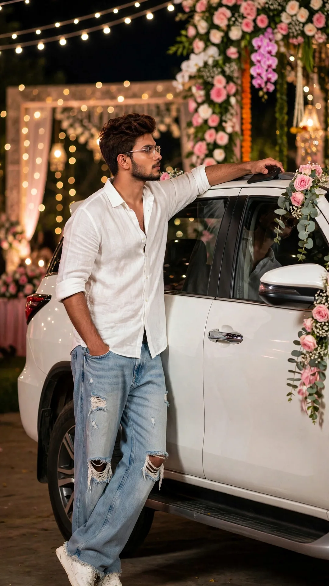 Cinematic Night Wedding Portrait - Guy in White Shirt Leaning on Flower Decorated Toyota Fortuner