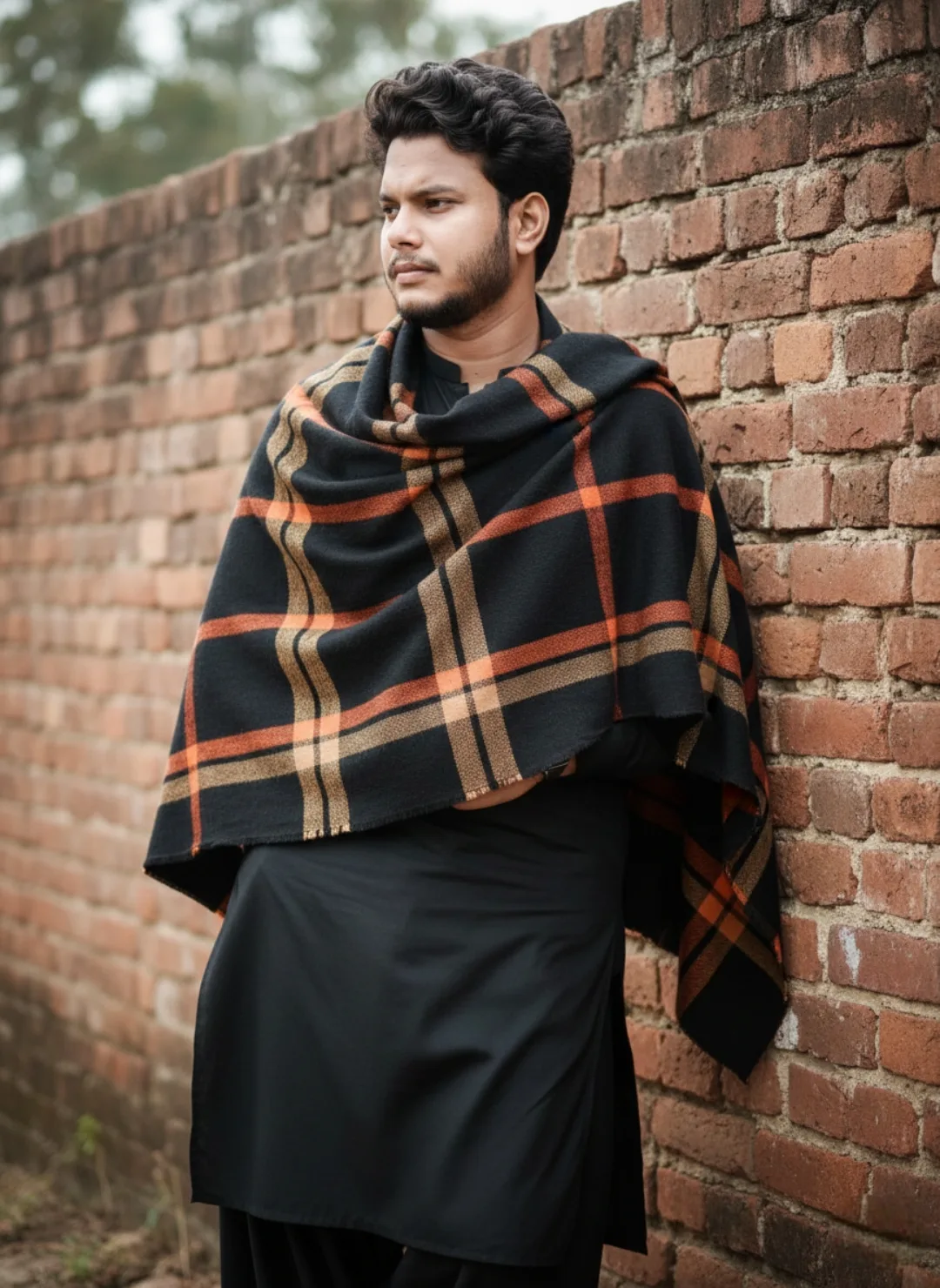 Plaid Shawl Portrait Against Brick Wall
