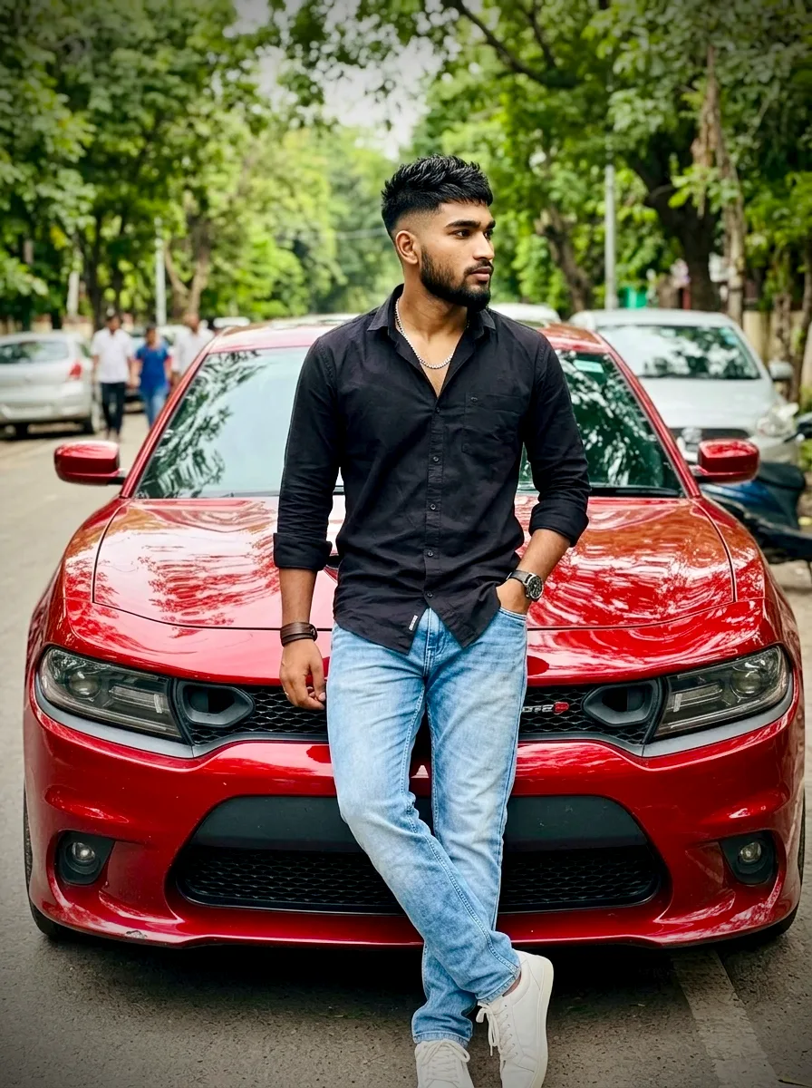 Confident Young Man Leaning on Glossy Red Muscle Car Streetwear Portrait Prompt