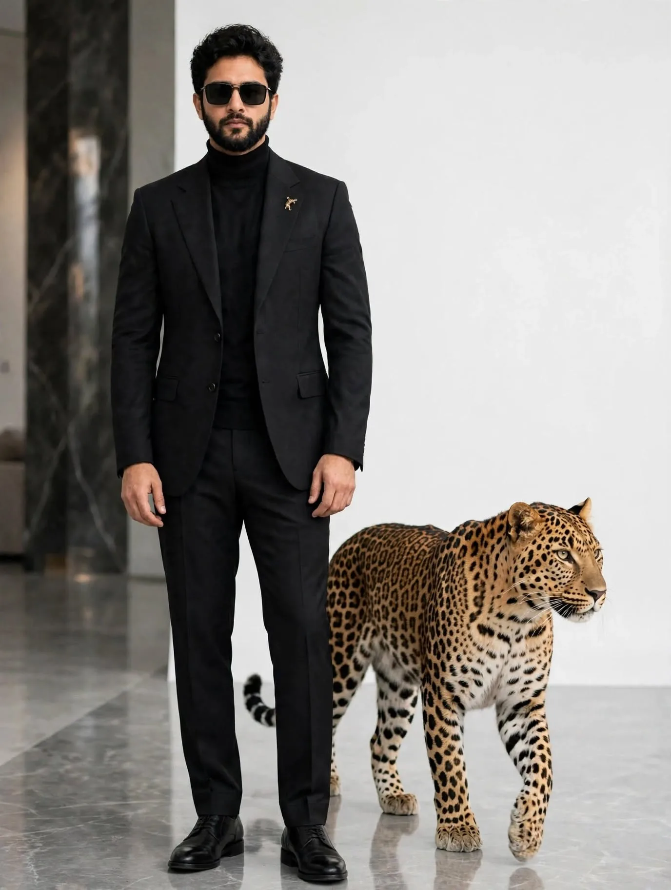 Luxury Black Suit Portrait with Leopard