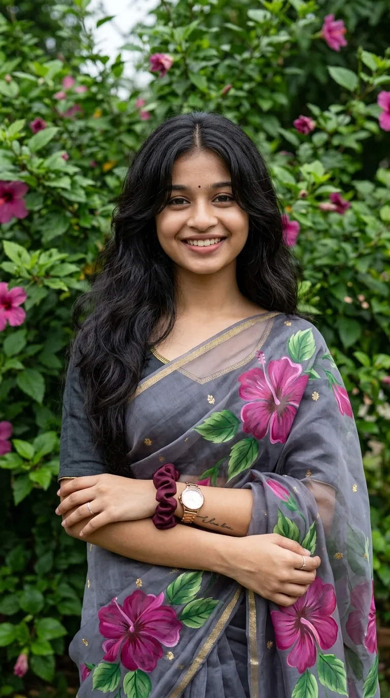 Elegant Indian Ethnic Female Portrait in Grey Organza Saree with Floral Hand-Paint Prompt