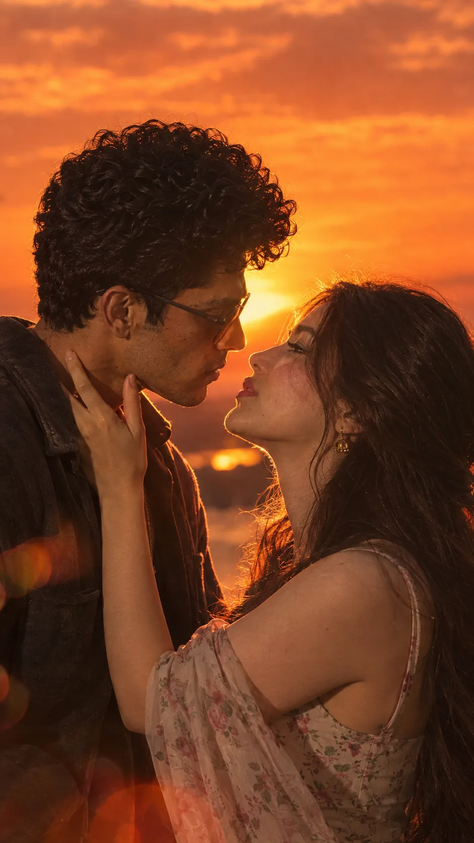 The couple leaning in for a kiss during sunset