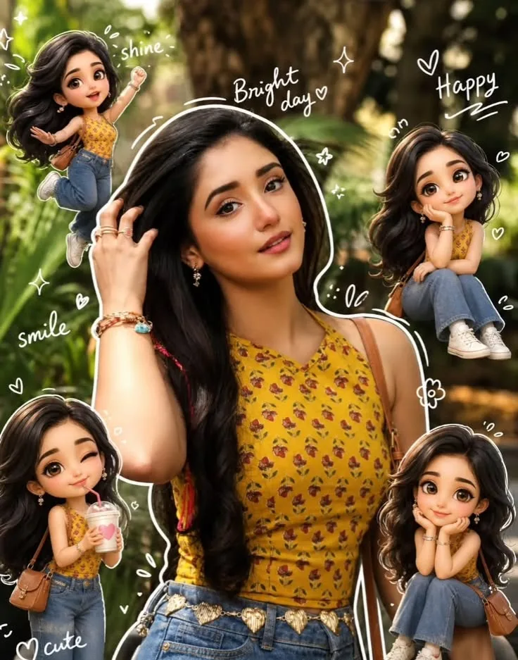 Cute Cartoon Girl Collage – Bright Day & Happy Vibes 🌸✨