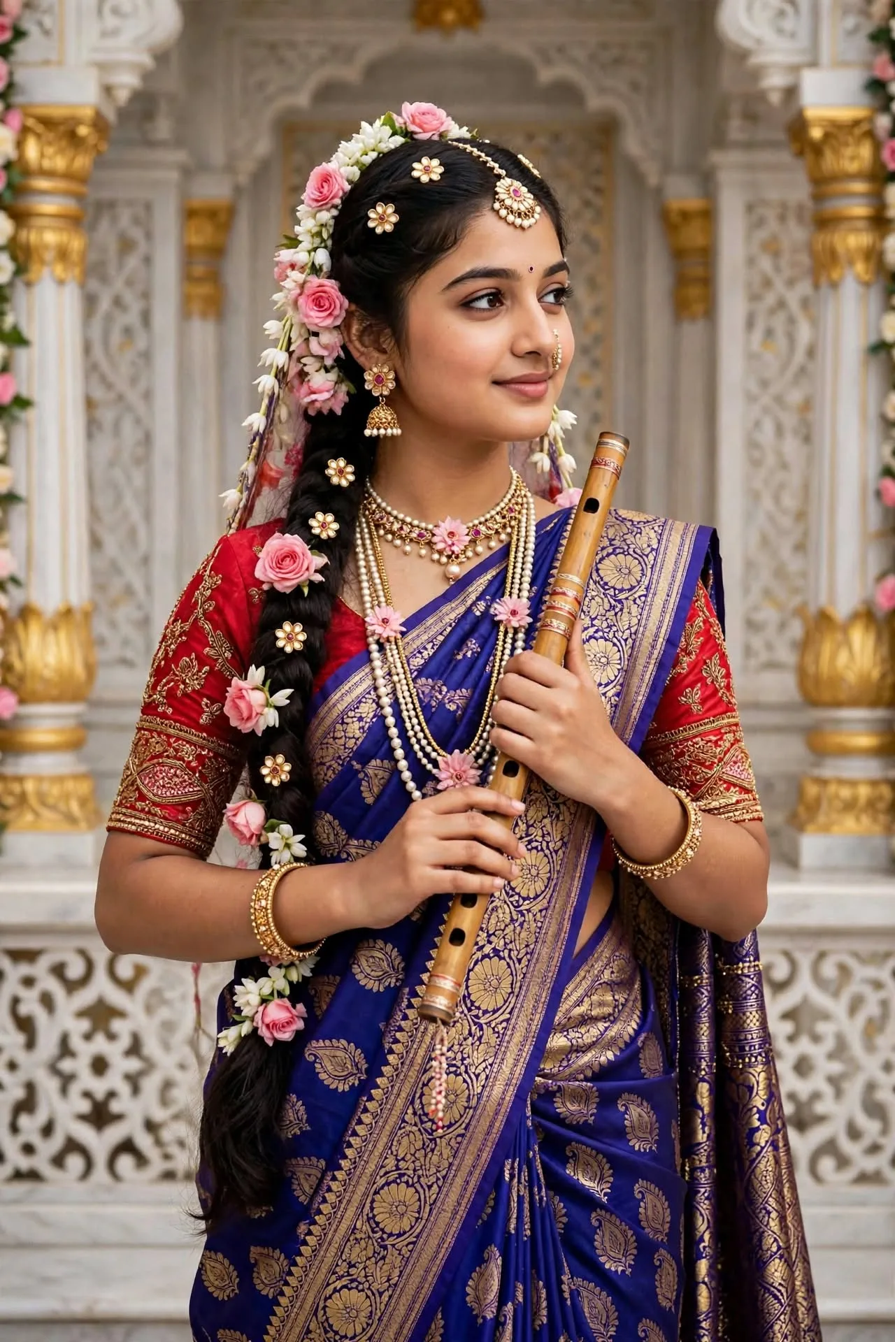 Divine Radha Playing Flute in Temple