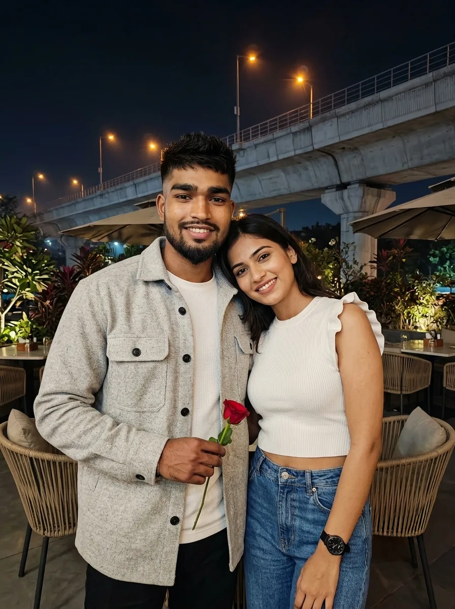 Rooftop Date Night Couple Portrait Holding Red Rose Under Flyover Lights Prompt