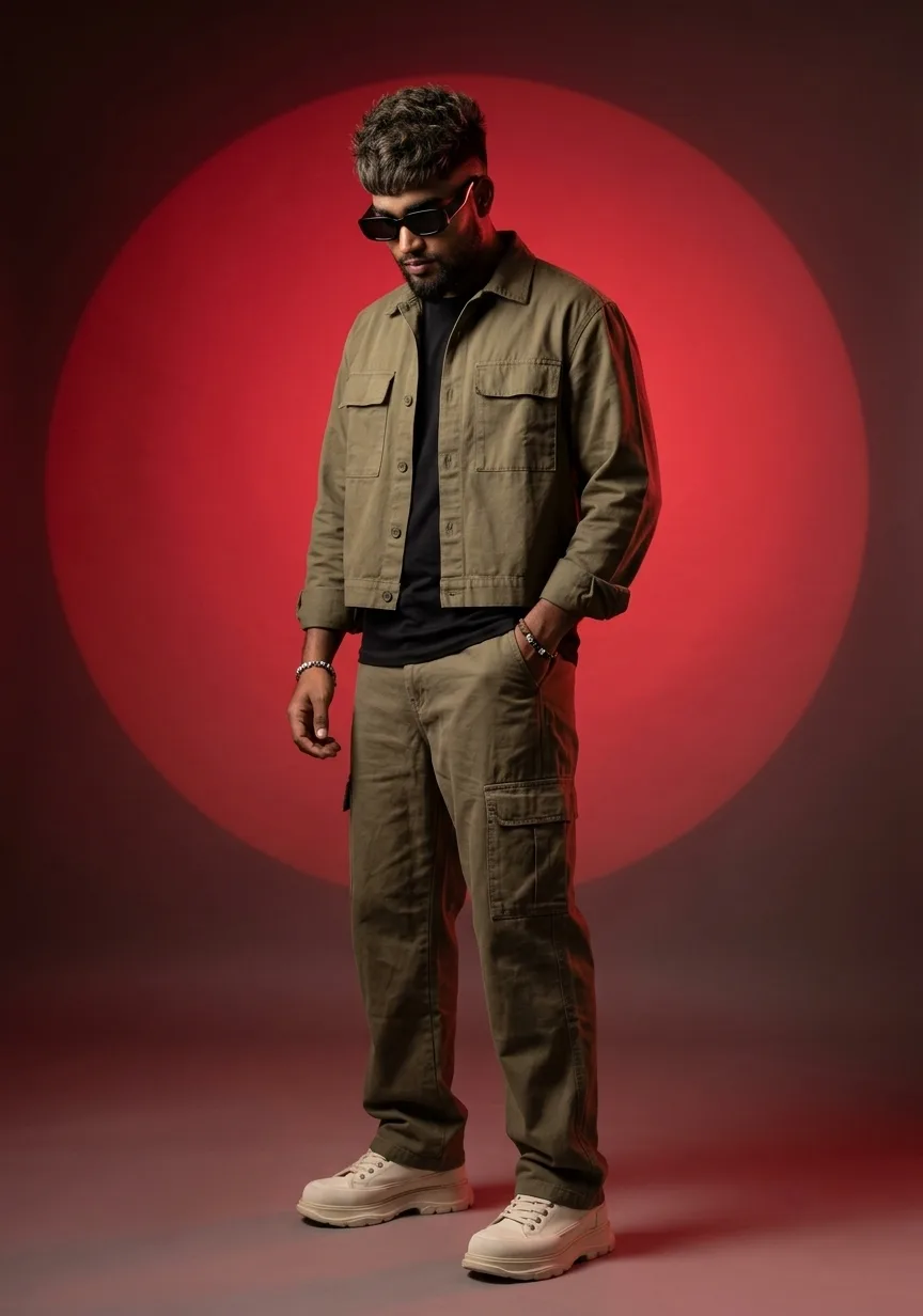 Full-Length Studio Male Portrait in Olive Cargo Co-Ord with Crimson Spotlight Prompt