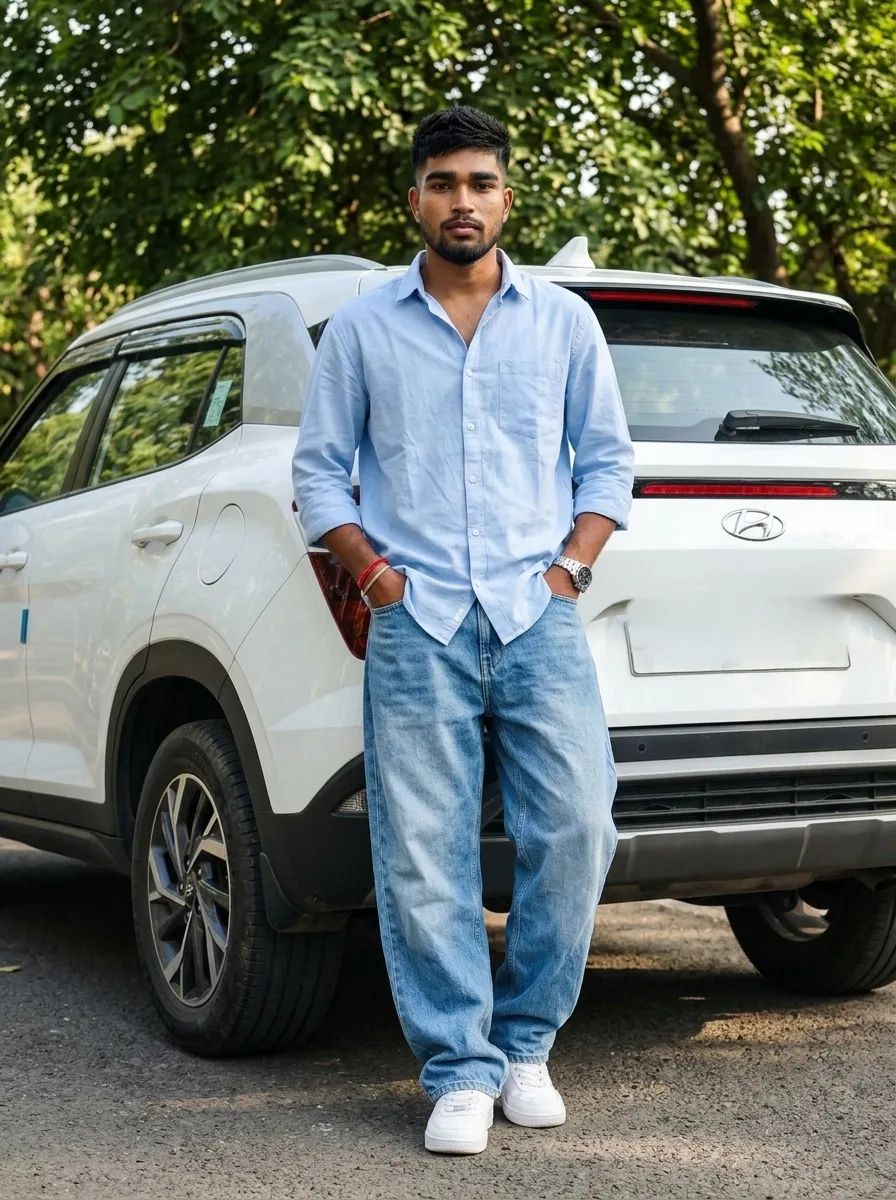 Candid Full-Body Portrait of Indian Man Leaning on White SUV