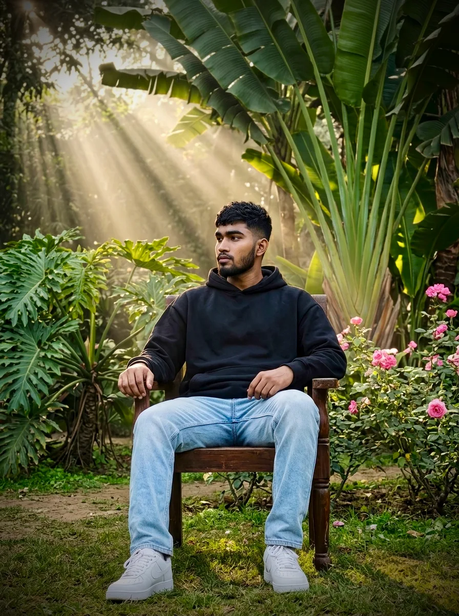 Cinematic Garden Portrait of Young Man Under Sunbeams in Black Hoodie Prompt